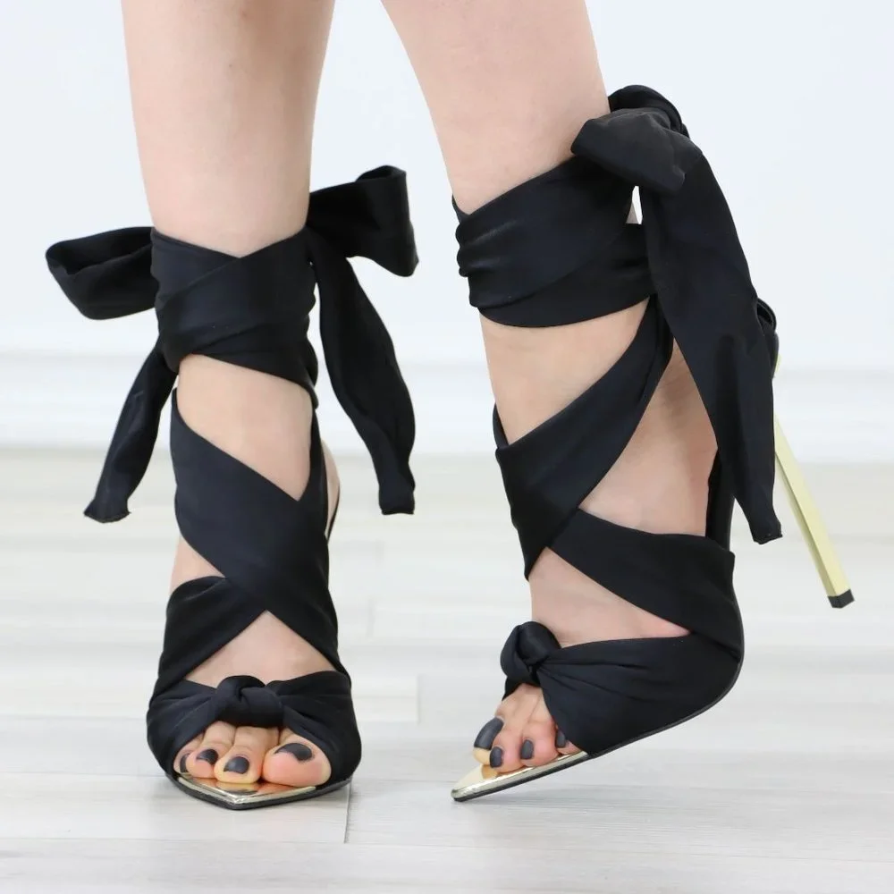 Black Open pointed Toe High Heel Ankle Strap Fabric Gold Needle Heel - Picture 9 of 12